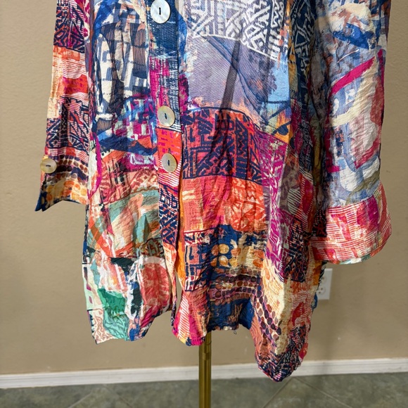 Ali Miles Top Women's 2X Multi Artsy Graphic Tropical Floral Button Front Boho - Picture 3 of 12